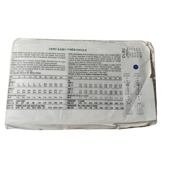 Vogue 7810 Sewing Pattern Shirt Dress 14-16-18 - Picture 3 of 5